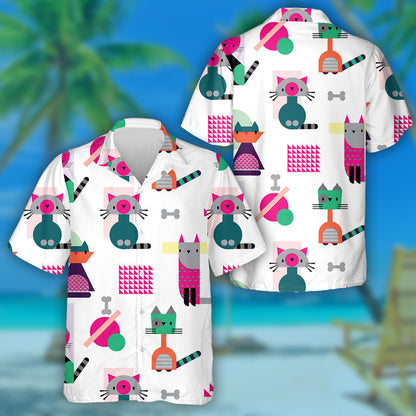 Stíl Cartúin Abstract Cat Cruth Geoiméadrach Ainmhithe Léine Haváís, Bronntanas Léine Haváíais, Bronntanas Nollag