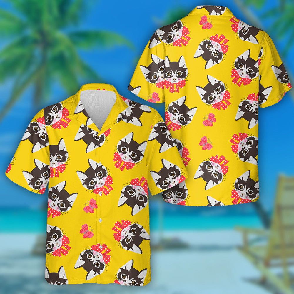 Cats Faces And Butterflies On Yellow Background Hawaiian Shirt, Hawaiian Shirt Gift, Christmas Gift
