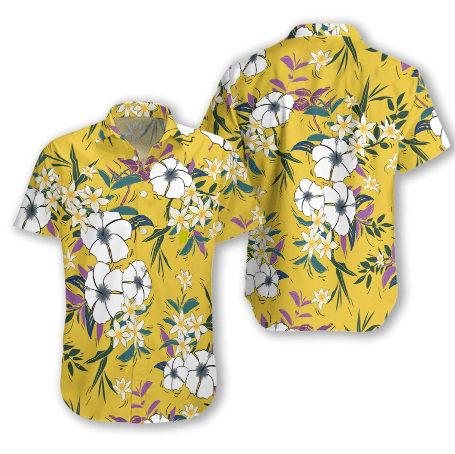 Floral Flower On Yellow Background Pattern Hawaiian Shirt,Hawaiian Shirt Gift, Christmas Gift