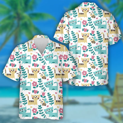 Bee Cats Flowers Plants And Heart Hawaiian Shirt, Hawaiian For Gift