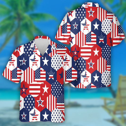 Hexagon Shaped With Patriotic Stars Pattern Hawaiian Shirt, Hawaiian For Gift