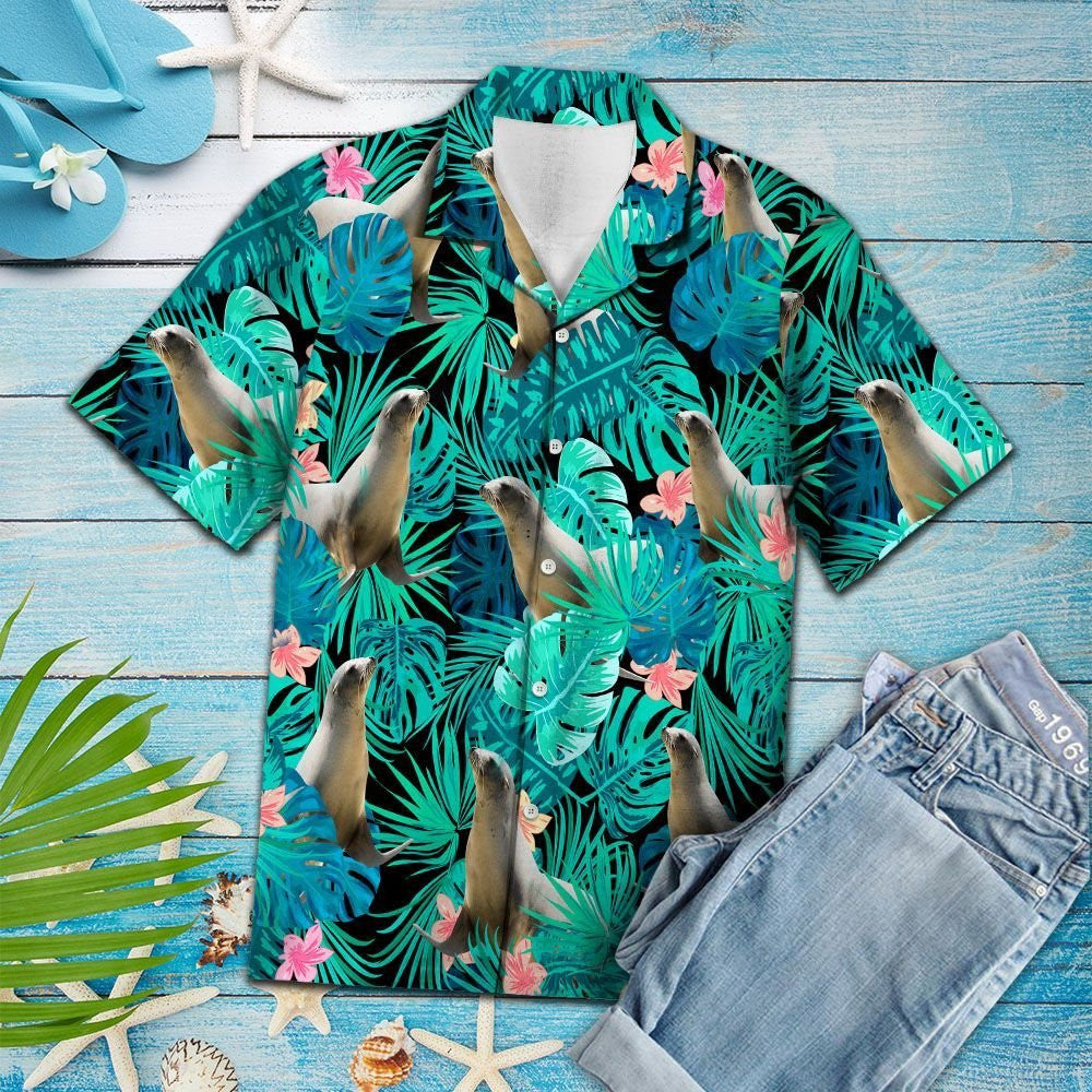 Happy Seal Playing In Tropical Jungle Pattern Hawaiian Shirt, Hawaiian Shirt Gift, Christmas Gift
