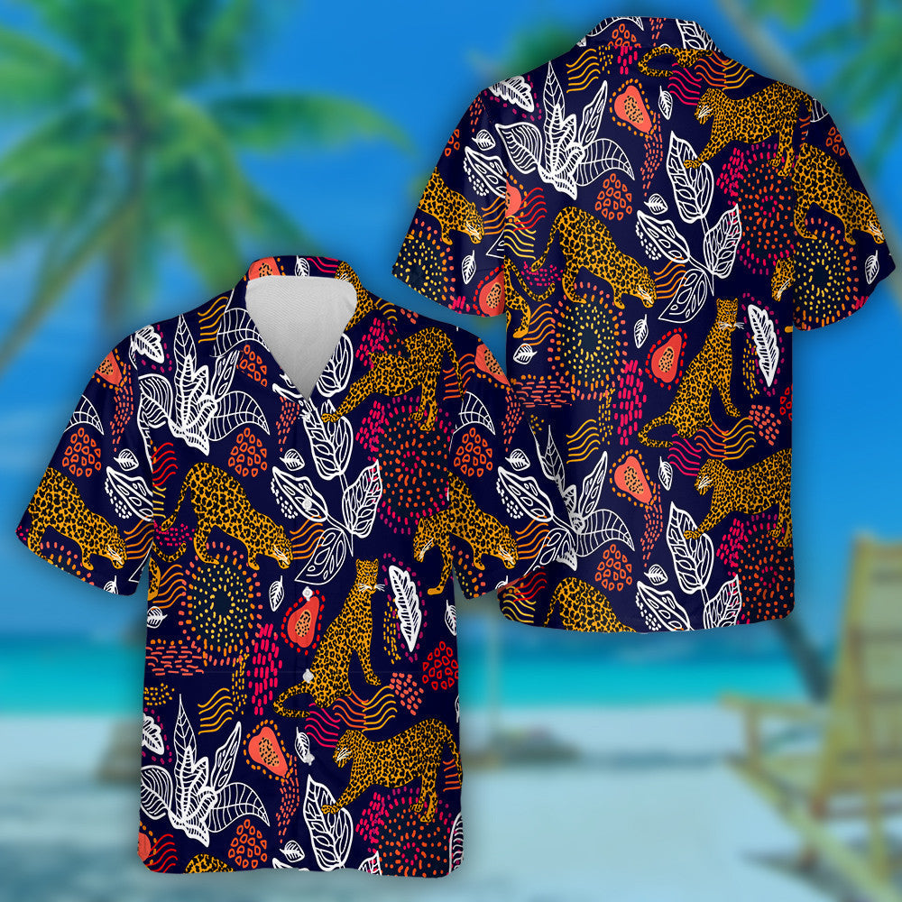 Liopards Agus Plandaí Teochriosacha Coimrithe ar Chúlra Dubh Léine Haváí, Bronntanas Léine Haváís, Bronntanas Nollag