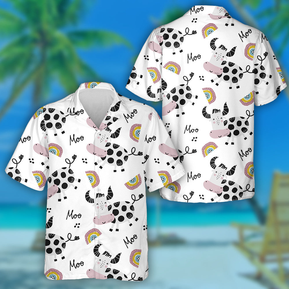 Cartoon Cow And Rainbows On White Hawaiian Shirt, Hawaiian For Gift