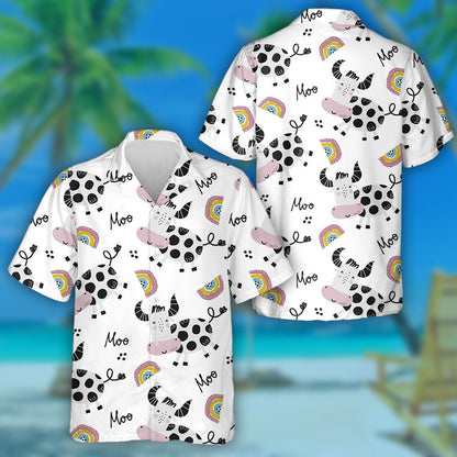 Cartoon Cow And Rainbows On White Hawaiian Shirt, Hawaiian For Gift