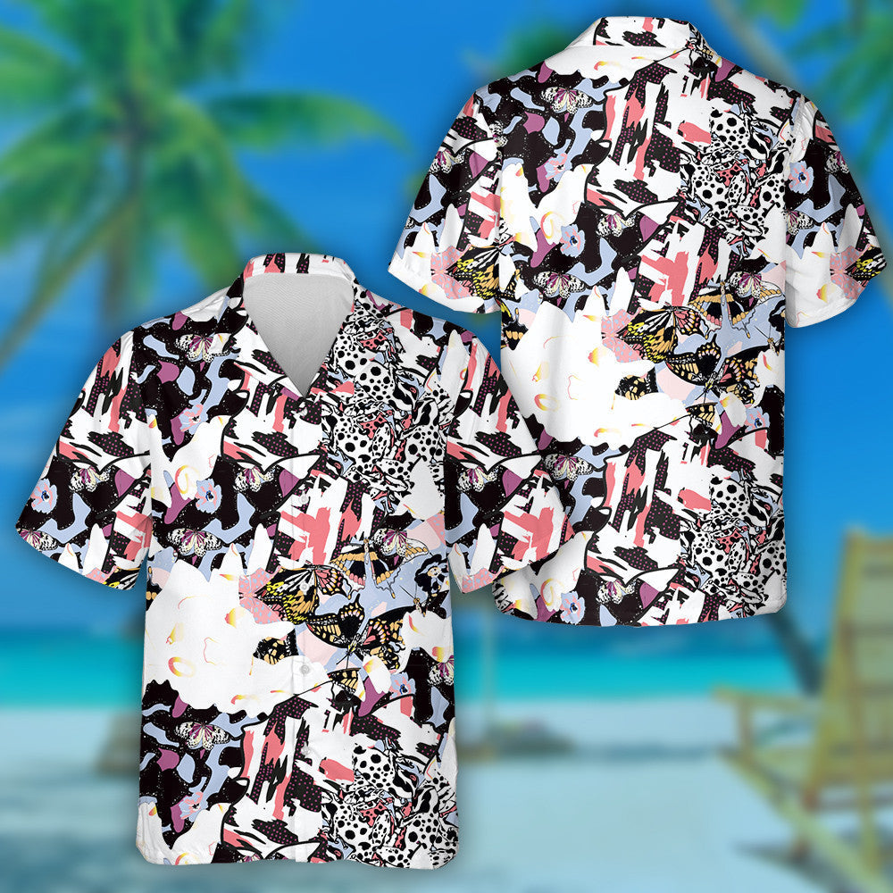 Hand Drawn Butterflies Doodle Geometric Background Hawaiian Shirt, Hawaiian Shirt Gift, Christmas Gift
