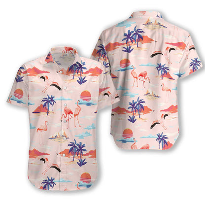 Flamingo In Sunset Beautiful Scene Pink Theme Hawaiian Shirt, Hawaiian Shirt Gift, Christmas Gift