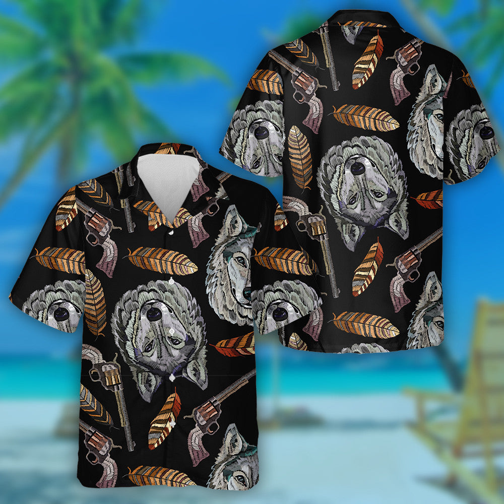 Embroidery Head Wolf Feathers And Guns Hawaiian Shirt,Hawaiian Shirt Gift, Christmas Gift