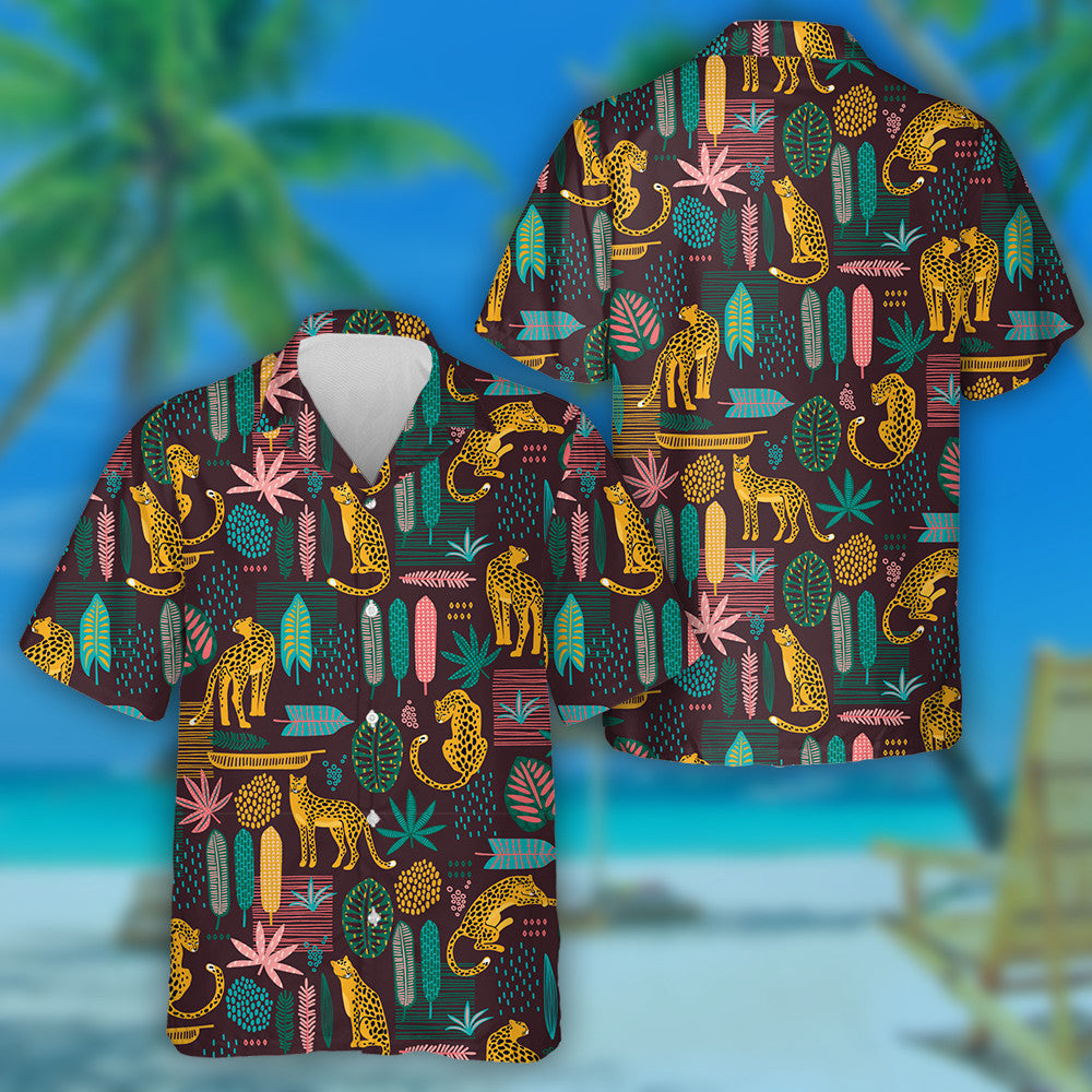 Trendy Style Leopards And Abstract Tropical Leaves Hawaiian Shirt, Hawaiian Shirt Gift, Christmas Gift