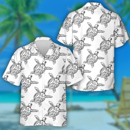 Hand Drawn Black Line Little Turtles Hawaiian Shirt, Hawaiian Shirt Gift, Christmas Gift