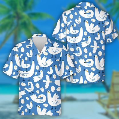 Hand Drawn Cute Stylized Duck And Eggs Hawaiian Shirt, Hawaiian Shirt Gift, Christmas Gift