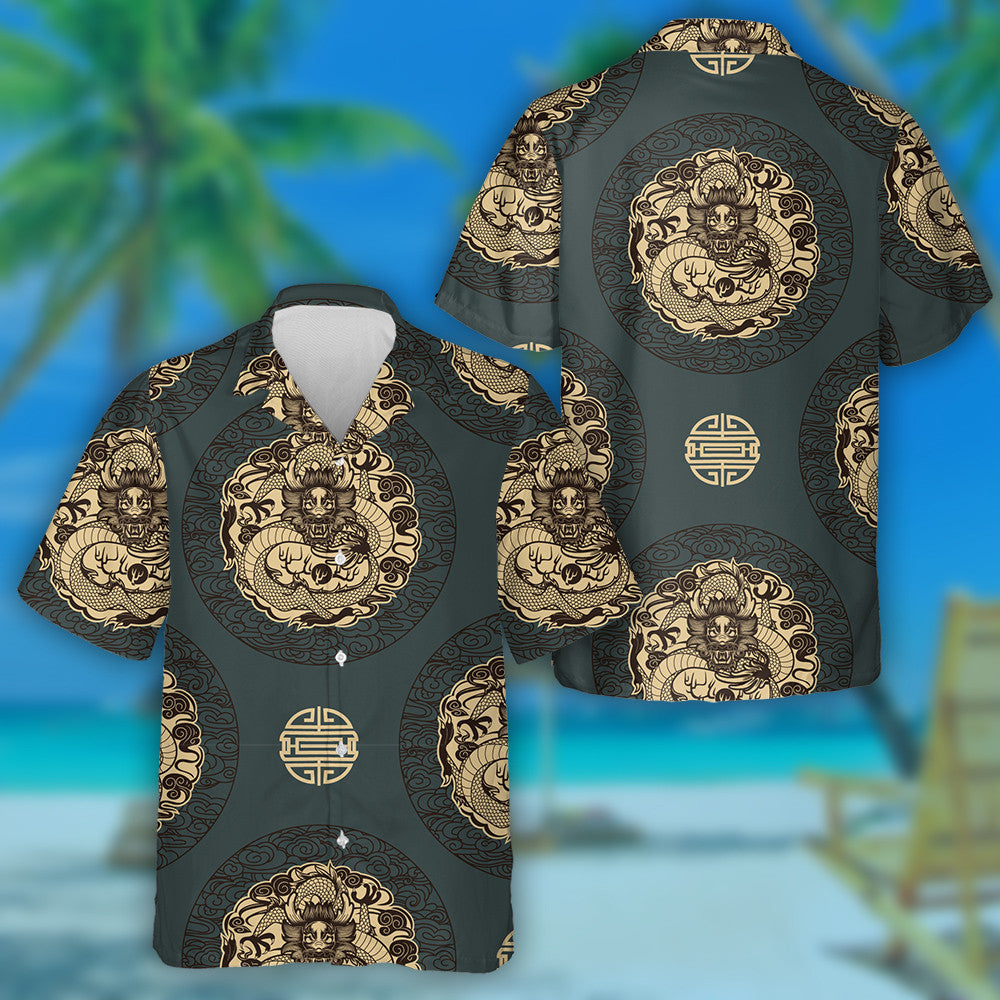 Black Dragon In Circle Background Chinese Style Hawaiian Shirt, Hawaiian Shirt Gift, Christmas Gift