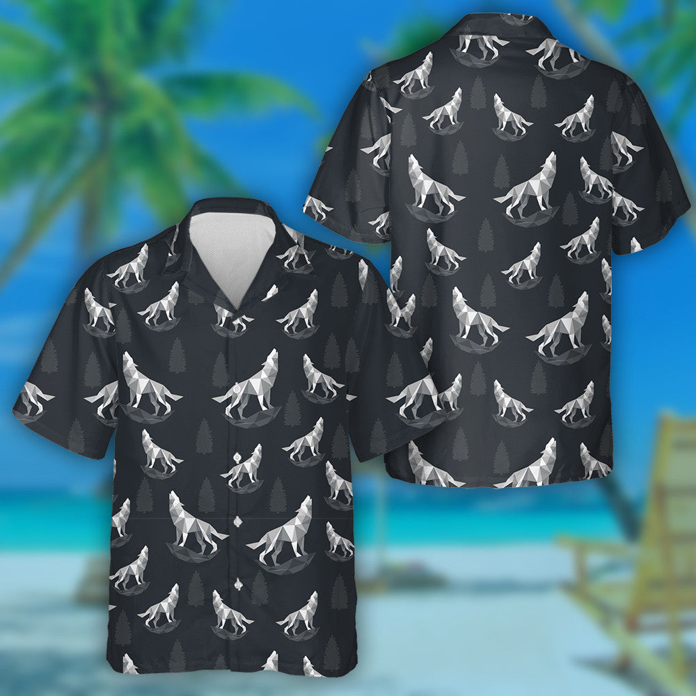 Geometric Black And Gray Wolf Icon Hawaiian Shirt,Hawaiian Shirt Gift, Christmas Gift