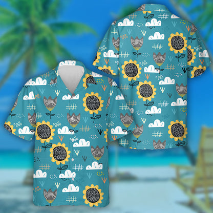Cartoon Cute Nature Sunflowers Elements Pattern Hawaiian Shirt, Hawaiian For Gift