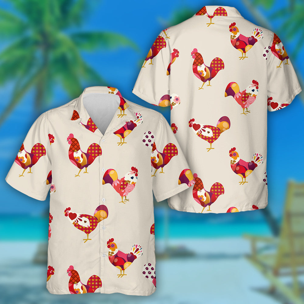 Funny Colorful Chicken Rooster On Gray Background Hawaiian Shirt, Hawaiian Shirt Gift, Christmas Gift