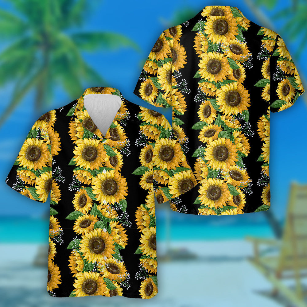 Vertical Striped Of Sunflowers On Black Background Hawaiian Shirt,Hawaiian Shirt Gift, Christmas Gift