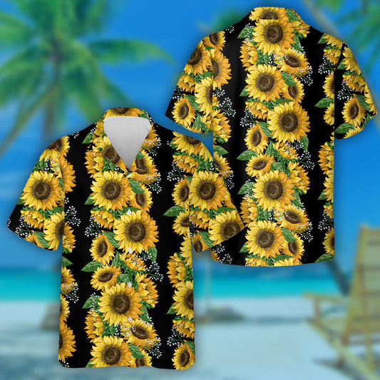 Vertical Striped Of Sunflowers On Black Background Hawaiian Shirt,Hawaiian Shirt Gift, Christmas Gift