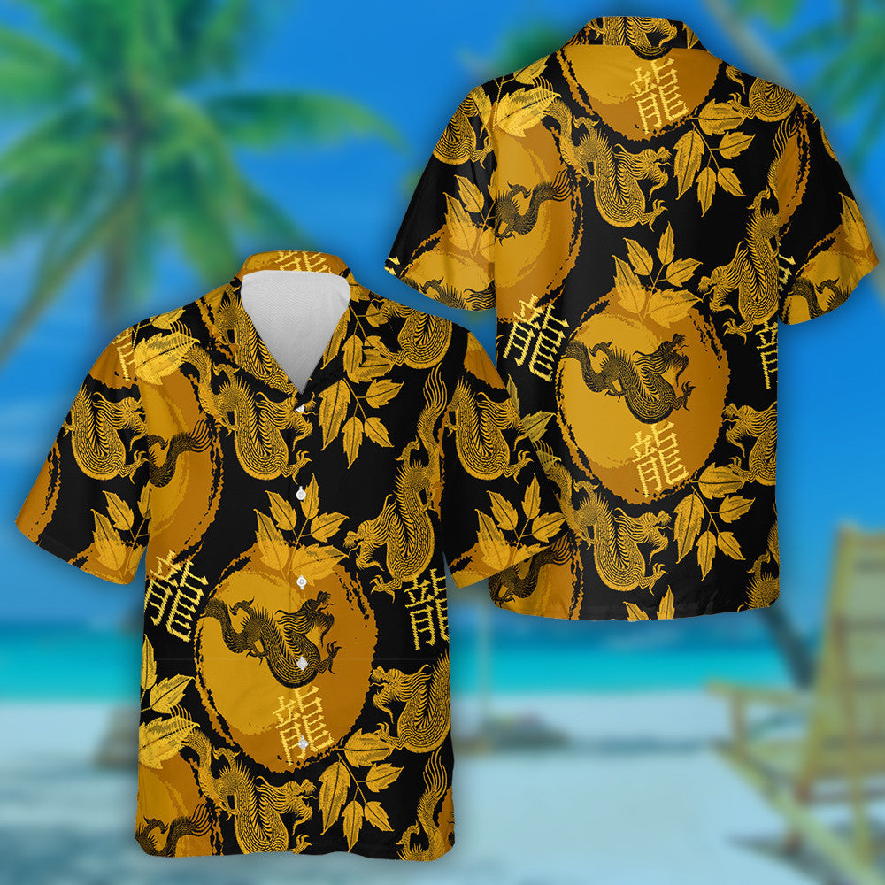 Golden Asian Flying Dragons And Sun Hawaiian Shirt,Hawaiian Shirt Gift, Christmas Gift