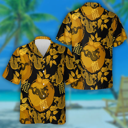 Golden Asian Flying Dragons And Sun Hawaiian Shirt,Hawaiian Shirt Gift, Christmas Gift