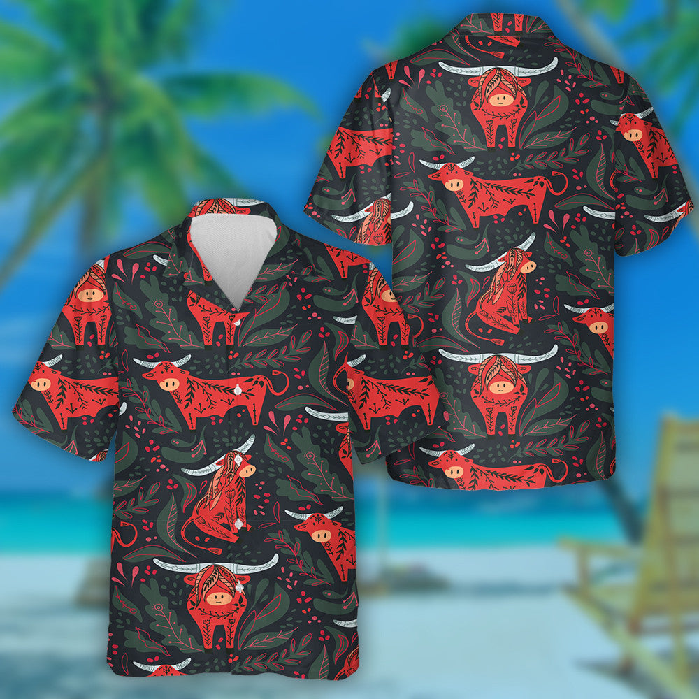 Funny Red Cow With Tribal Ornaments Hawaiian Shirt,Hawaiian Shirt Gift, Christmas Gift