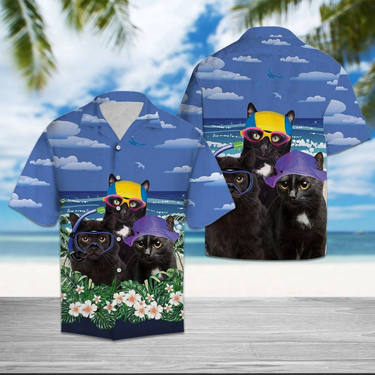Black Cat Summer Beach Design Hawaiian Shirt,Hawaiian For Gift