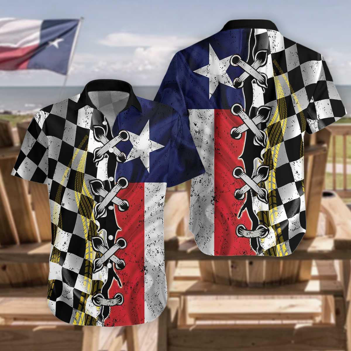 Texas Racing Flag Checkered Pattern Hawaiian Shirt,Hawaiian Shirt Gift, Christmas Gift