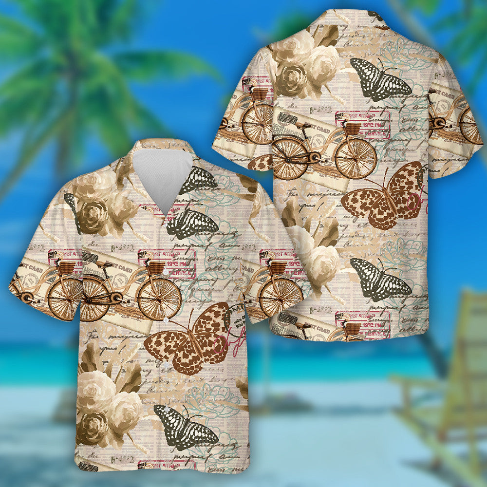 Theme Vintage With Rose Butterflies And Bicycles Hawaiian Shirt, Hawaiian Shirt Gift, Christmas Gift