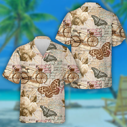 Theme Vintage With Rose Butterflies And Bicycles Hawaiian Shirt, Hawaiian Shirt Gift, Christmas Gift