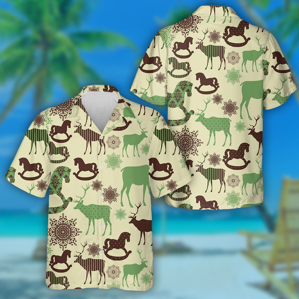 Retro Christmas Abstract Wood Horse Silhouettes Hawaiian Shirt,Hawaiian Shirt Gift, Christmas Gift