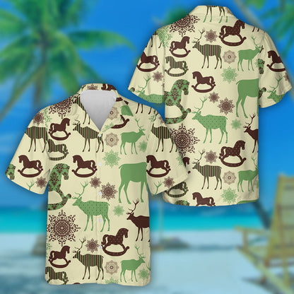 Retro Christmas Abstract Wood Horse Silhouettes Hawaiian Shirt,Hawaiian Shirt Gift, Christmas Gift