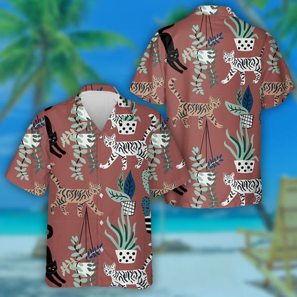 Cute Cats And House Plants On The Brown Hawaiian Shirt, Hawaiian Shirt Gift, Christmas Gift