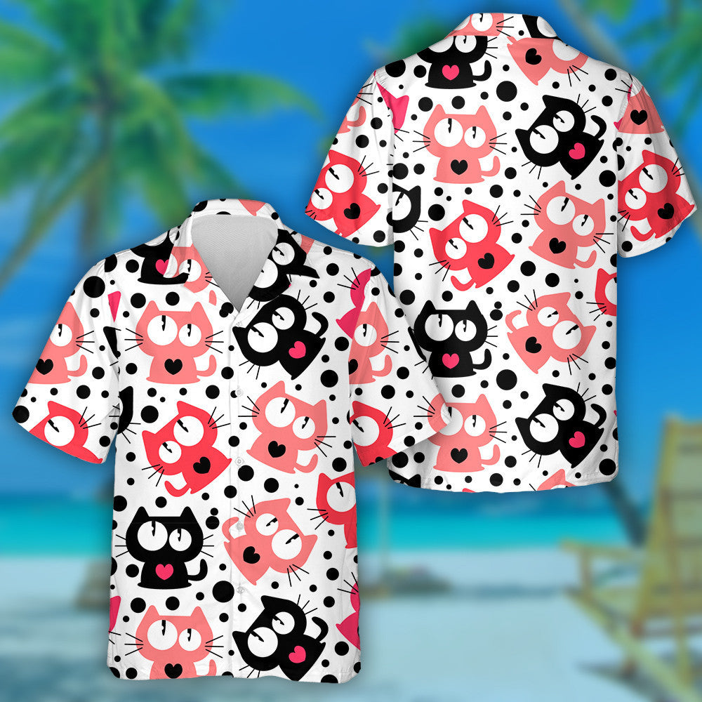 Funny Cartoon Cats On Black Dot Hawaiian Shirt,Hawaiian Shirt Gift, Christmas Gift