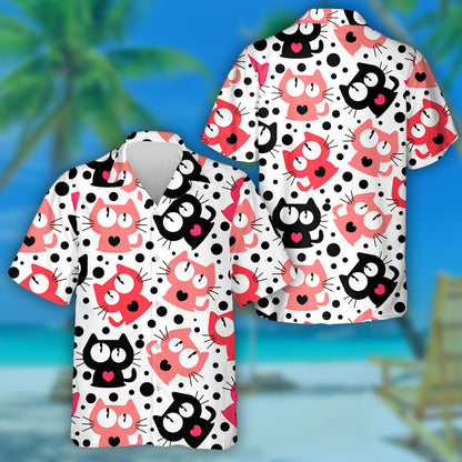 Funny Cartoon Cats On Black Dot Hawaiian Shirt,Hawaiian Shirt Gift, Christmas Gift