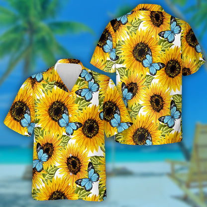 Sunflowers And Blue Butterfly On White Background Hawaiian Shirt, Hawaiian Shirt Gift, Christmas Gift