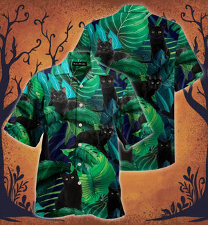 Lovely Black Cat With Tropical Leaves In Dark Night Hawaiian Shirt, Hawaiian Shirt Gift, Christmas Gift