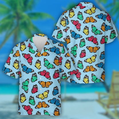 Flying Multicolored Butterflies On A Blue Background Hawaiian Shirt, Hawaiian Shirt Gift, Christmas Gift