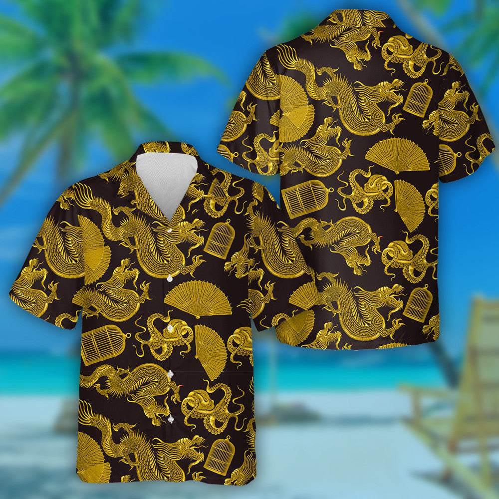 Golden Asian Dragons Octopus Fan And Cage Hawaiian Shirt, Hawaiian Shirt Gift, Christmas Gift