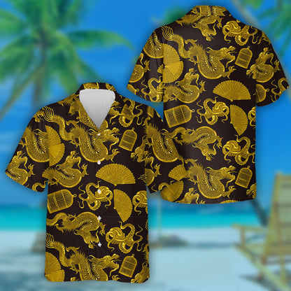 Golden Asian Dragons Octopus Fan And Cage Hawaiian Shirt, Hawaiian Shirt Gift, Christmas Gift