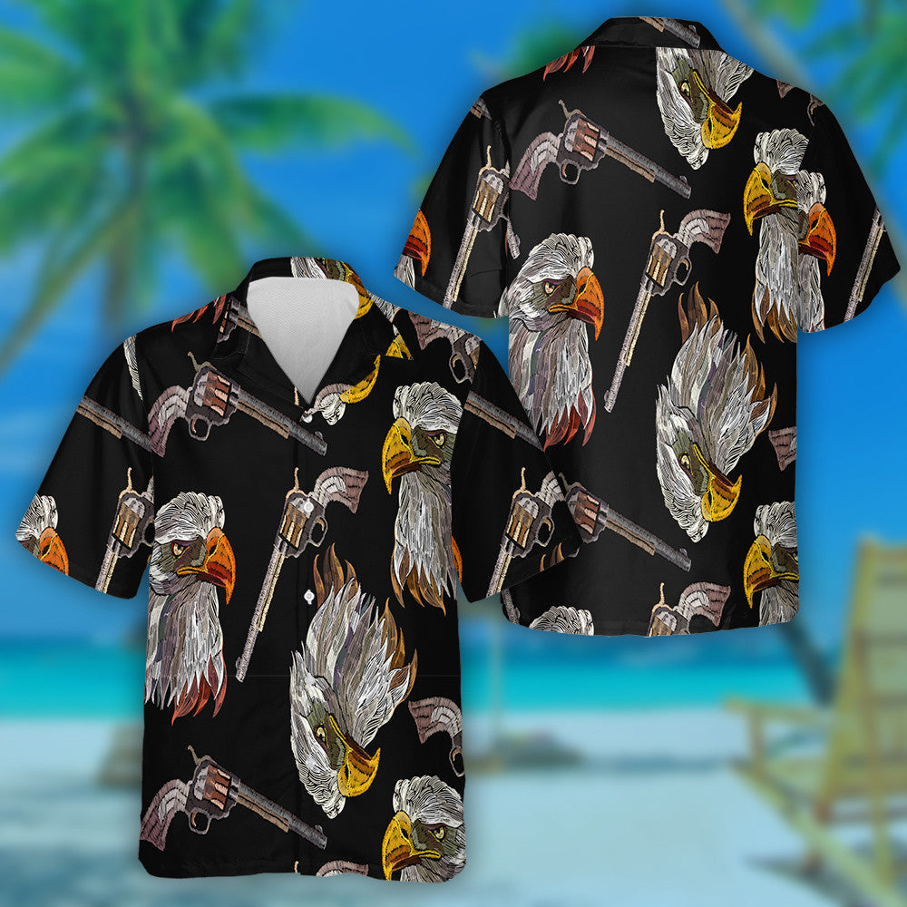 Embroidery Head Eagle And Old Guns Hawaiian Shirt,Hawaiian Shirt Gift, Christmas Gift