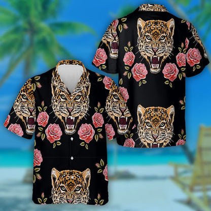 Colorful Floral Embroidery With Roses And Leopards Hawaiian Shirt, Hawaiian Shirt Gift, Christmas Gift