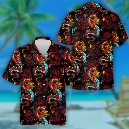Traditional Chinese Dragons And Red Peonies Hawaiian Shirt,Hawaiian Shirt Gift, Christmas Gift