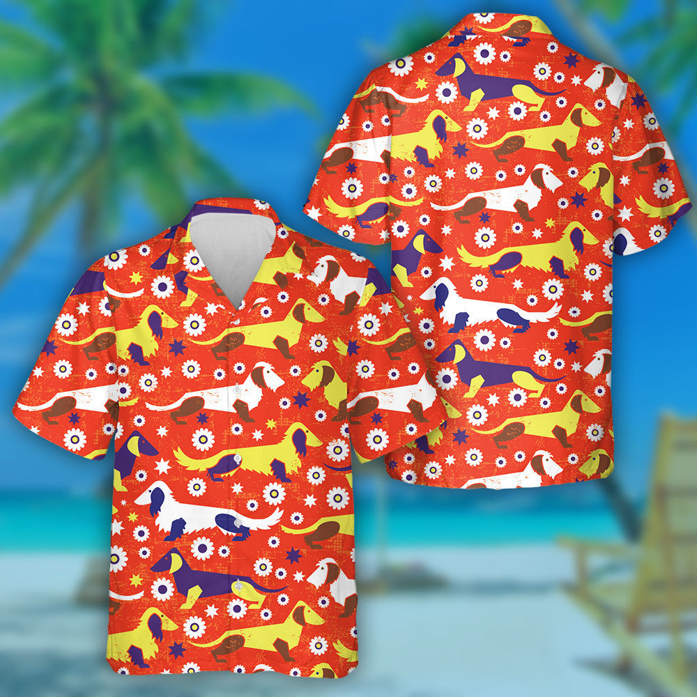 Teibí Flóra Dachshund Ar Chúlra Oráiste Léine Haváíais, Bronntanas Léine Haváíais, Bronntanas Nollag