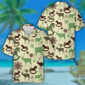 Retro Christmas Abstract Wood Horse Silhouettes Hawaiian Shirt, Hawaiian Shirt Gift, Christmas Gift