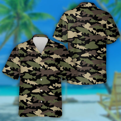 Creative Dark Green Brown Camouflage Fishing Silhouette Hawaiian Shirt, Hawaiian Shirt Gift, Christmas Gift