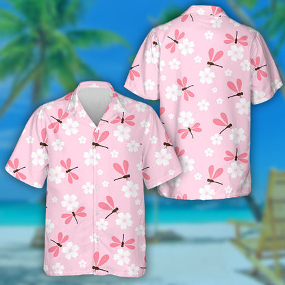 Bright Flying Dragonfly And White Sakura Flower Hawaiian Shirt, Hawaiian Shirt Gift, Christmas Gift