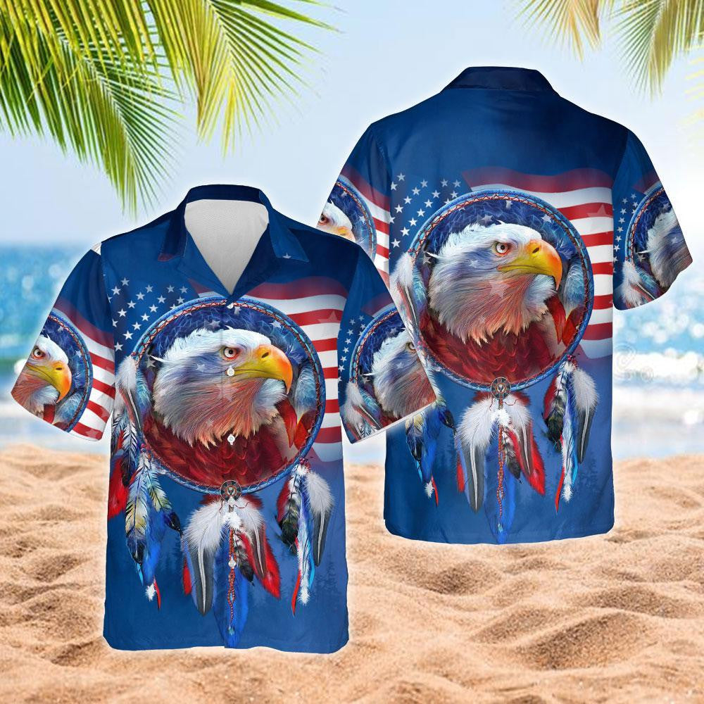 Medium Blue Design Hawaiian Shirt American Eagle Dreamcatcher,Hawaiian Shirt Gift, Christmas Gift