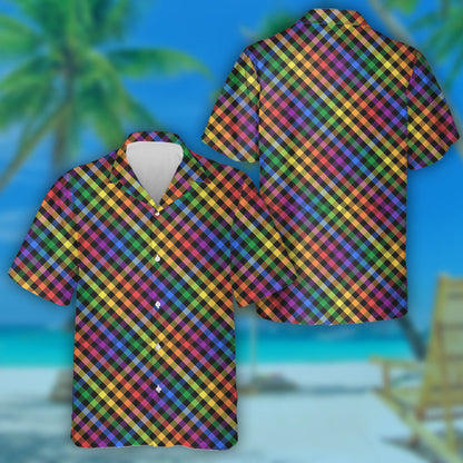 Rainbow LGBT Colors Tartan On Black Diagonal Hawaiian Shirt, Hawaiian Shirt Gift, Christmas Gift
