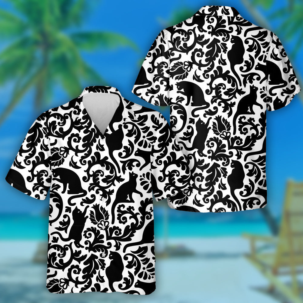 Black And White Cat With Damask Hawaiian Shirt, Hawaiian For Gift