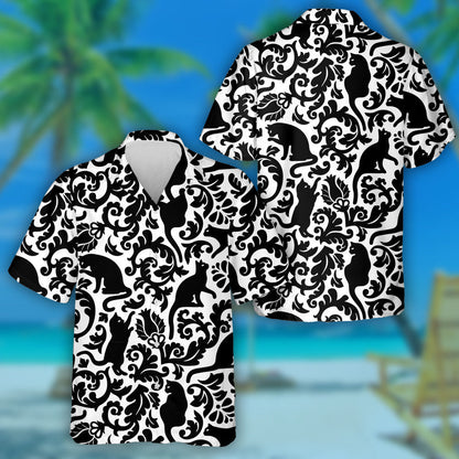 Black And White Cat With Damask Hawaiian Shirt, Hawaiian For Gift