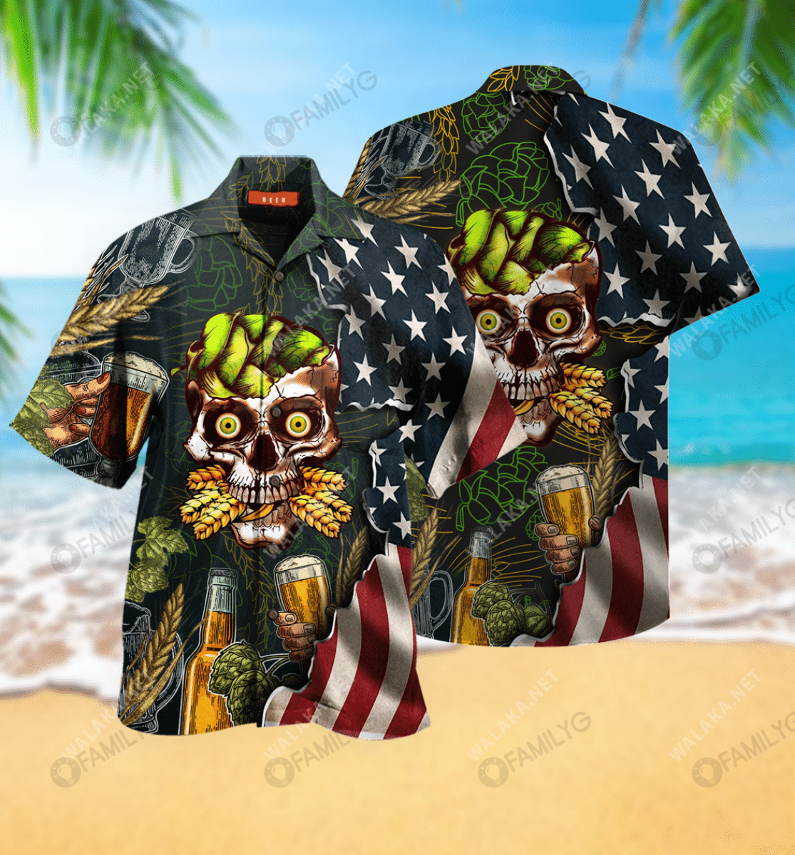 Beer Skull Unisex Hawaiian Shirt,Hawaiian Shirt Gift, Christmas Gift